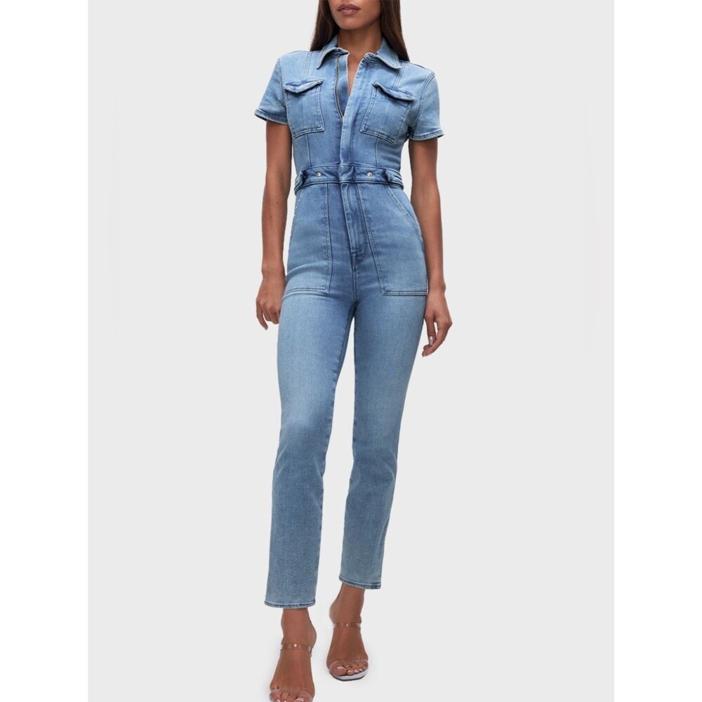 Good American Fit For Success Jumpsuit Denim Zip Front Utility Blue Size Medium